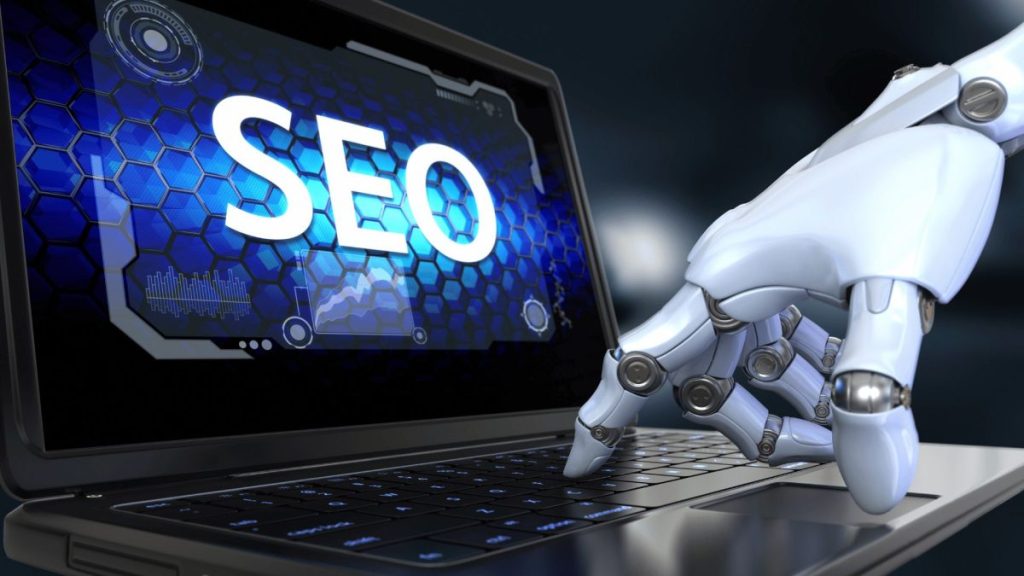 AI-powered robotic hand interacting with a laptop screen displaying SEO data, symbolizing the impact of artificial intelligence on search engine optimization.